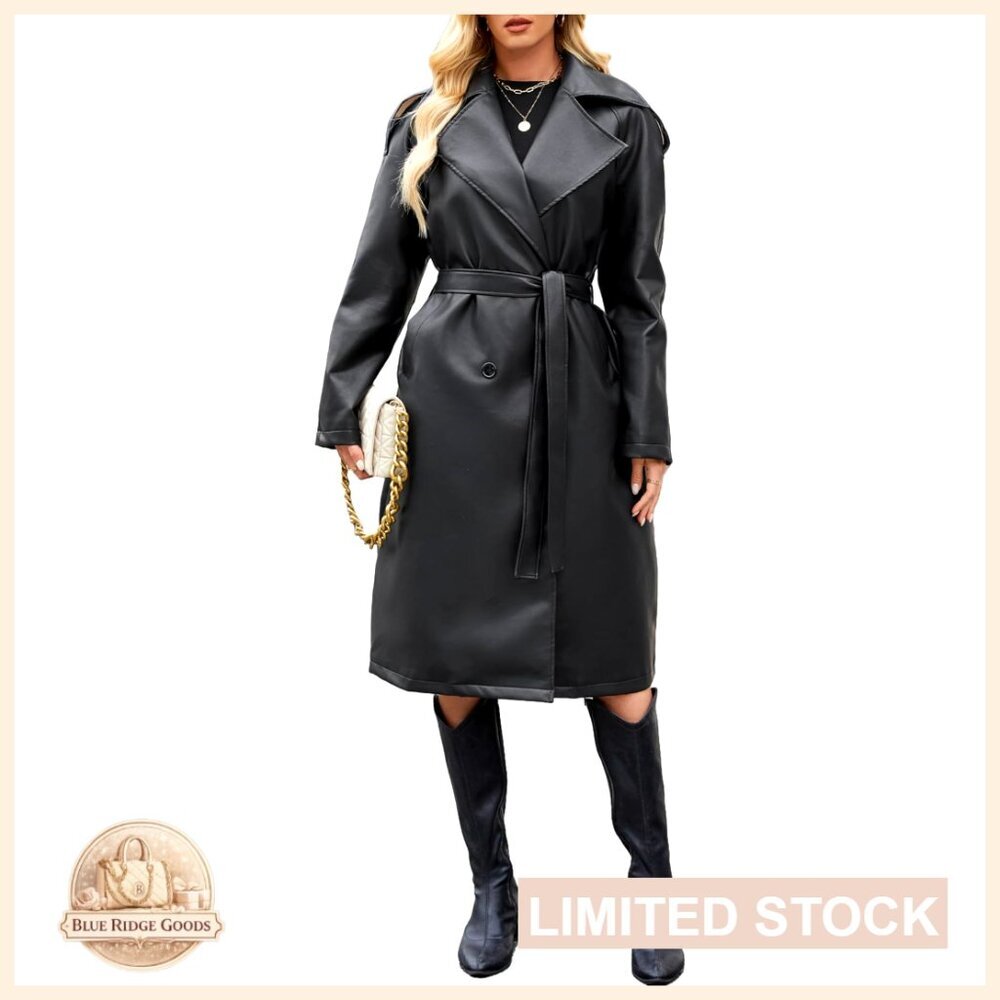 Faux Leather Trench Coat Loose Fit Motorcycle Style Belted Long Jacket